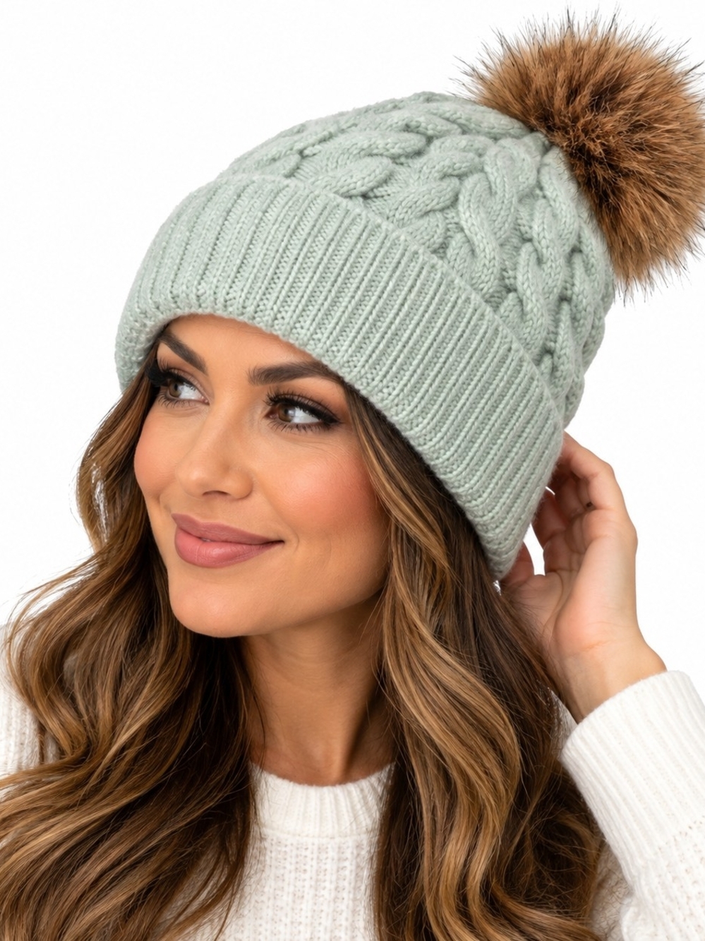Rachel Zoe Womens Mint Green Cable Knit Beanie Hat Faux Fur Pom Pom Winter